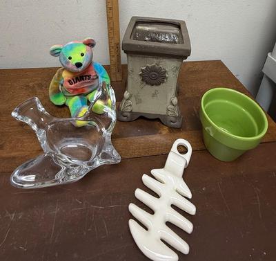 Sale Photo Thumbnail #372: Rainbow bear plush, glass dove spoon rest, square planter, small green pot, and a replacement insert for a bacon maker by Louisville Stoneware.