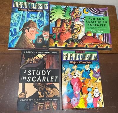 Sale Photo Thumbnail #376: Titles include Sherlock Holmes, A Study in Scarlet, Fur and Loafing in Yosemite, and xxx. All in good condition.