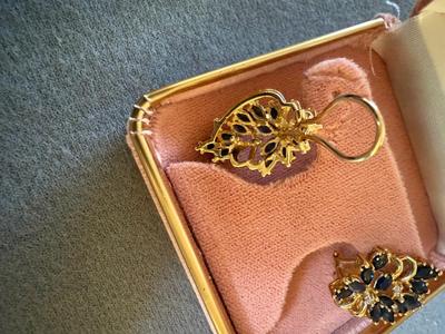 Sale Photo Thumbnail #350: Cluster earrings (13 oval sapphires,  3 small cut diamonds, in each earring)