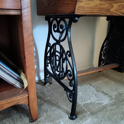 LOT 187: Vintage Oak and Cast Iron School Desk with Tell City Chairs Andover Dinette Chair 2202