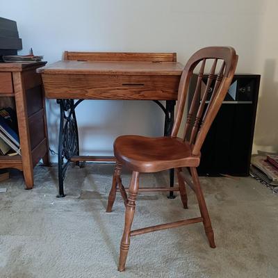 LOT 187: Vintage Oak and Cast Iron School Desk with Tell City Chairs Andover Dinette Chair 2202
