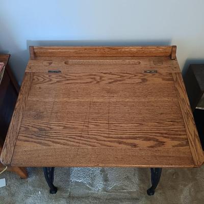 LOT 187: Vintage Oak and Cast Iron School Desk with Tell City Chairs Andover Dinette Chair 2202