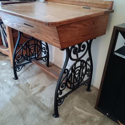 LOT 187: Vintage Oak and Cast Iron School Desk with Tell City Chairs Andover Dinette Chair 2202
