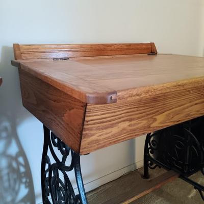 LOT 187: Vintage Oak and Cast Iron School Desk with Tell City Chairs Andover Dinette Chair 2202