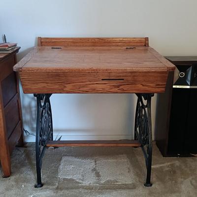 LOT 187: Vintage Oak and Cast Iron School Desk with Tell City Chairs Andover Dinette Chair 2202