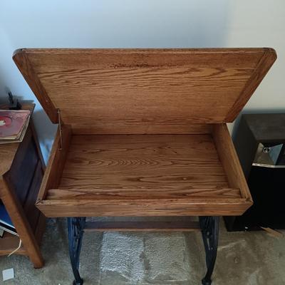 LOT 187: Vintage Oak and Cast Iron School Desk with Tell City Chairs Andover Dinette Chair 2202