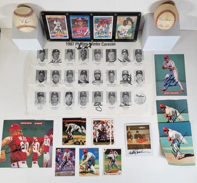 LOT 82: Multiple Philadelphia Phillies Autographs Featuring Mitch Williams, Kevin Stocker and Charlie Hayes on Trading Cards, Baseballs...