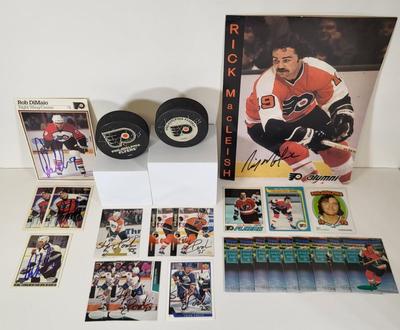 LOT 92: Many Autographed NHL Memorabilia by Philadelphia Flyers Players Rick Macleish, Shjon Podein and Rob DiMaio