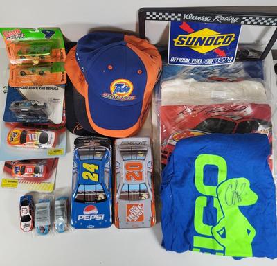 LOT 96: Nascar Memorabilia Lot Including Autographed Geico T-shirt, Toy Replicas and More