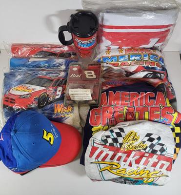 LOT 97: Nascar Memorabilia Lot Featuring Sponsor Hats, Dale Earnhardt Jr Toy Car 1:64 Replica and More