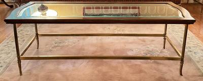 L717 Vintage Glass Top Brass Bronze Footed Coffee Table