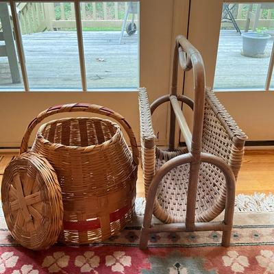 L725 Pair of WIcker Magazine Holder & Handled Basket