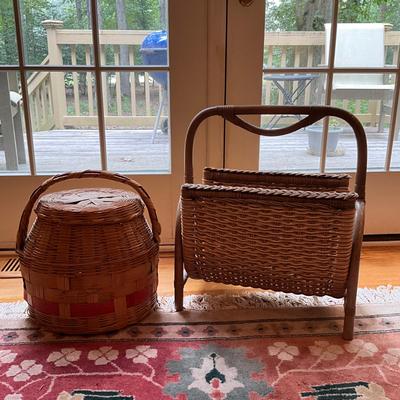 L725 Pair of WIcker Magazine Holder & Handled Basket