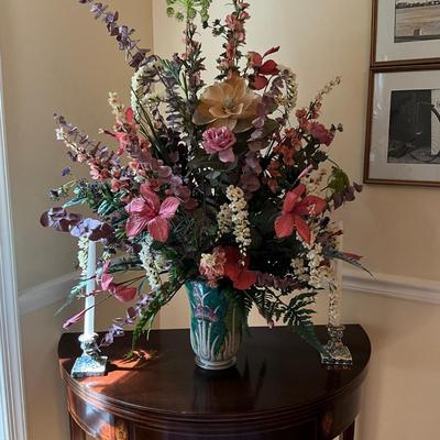 D741 Lot of Silk Flowers In Vase With Matching Candlestick Holders