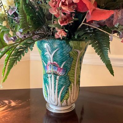 D741 Lot of Silk Flowers In Vase With Matching Candlestick Holders