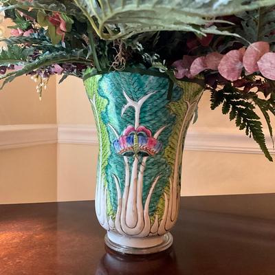 D741 Lot of Silk Flowers In Vase With Matching Candlestick Holders