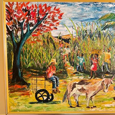 B765 Vintage 1960's Original Haitian Painting on Board Of " Village Scene" signed Alexandre