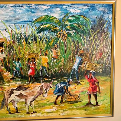 B765 Vintage 1960's Original Haitian Painting on Board Of " Village Scene" signed Alexandre