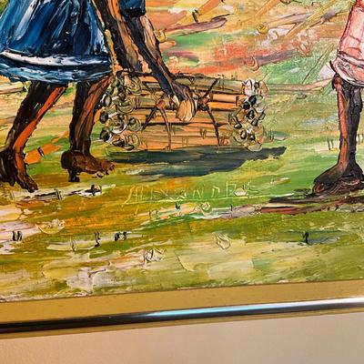 B765 Vintage 1960's Original Haitian Painting on Board Of " Village Scene" signed Alexandre