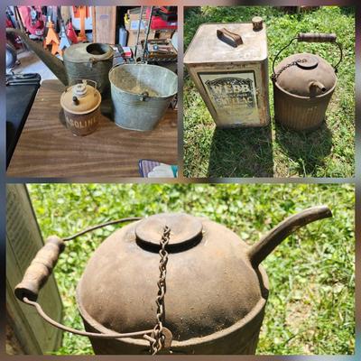 Lot of Metal Cans Vintage Gas Can , Bucket, Water Can with Rusted Bottom