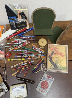 Misc. Household Office Lot - notecards, book ends, crayons, stamp roll, old tins, ets