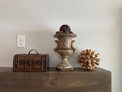 DECORATIVE BOX, LARGE VASE AND WINE CORK SPHERE