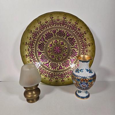 LOT 9D: Vintage Decorative Bowl, Cloisonne Bud Vase, and Brass Tea-Lite Lamp