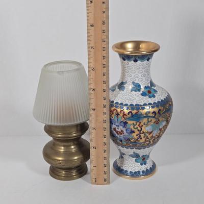 LOT 9D: Vintage Decorative Bowl, Cloisonne Bud Vase, and Brass Tea-Lite Lamp