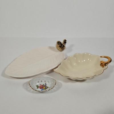 LOT 10: Vintage Japan Moriyama Mori-Machi Chintz Candy Dish, Lenox Filigree Forest Basket, Reutter Porzellan Germany Miniature Basket,...