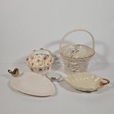 LOT 10: Vintage Japan Moriyama Mori-Machi Chintz Candy Dish, Lenox Filigree Forest Basket, Reutter Porzellan Germany Miniature Basket,...
