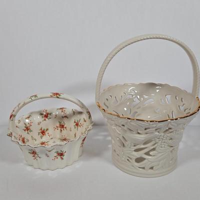 LOT 10: Vintage Japan Moriyama Mori-Machi Chintz Candy Dish, Lenox Filigree Forest Basket, Reutter Porzellan Germany Miniature Basket,...