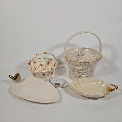LOT 10: Vintage Japan Moriyama Mori-Machi Chintz Candy Dish, Lenox Filigree Forest Basket, Reutter Porzellan Germany Miniature Basket,...