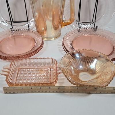 LOT 12D: Vintage Aroroc France Rosaline Swirl Dinner Ware ,Various Pieces of Carnival Glass, and More
