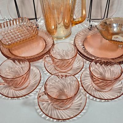 LOT 12D: Vintage Aroroc France Rosaline Swirl Dinner Ware ,Various Pieces of Carnival Glass, and More