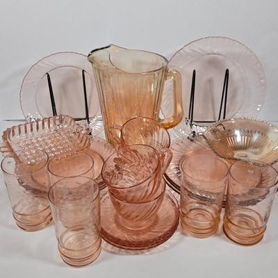 LOT 12D: Vintage Aroroc France Rosaline Swirl Dinner Ware ,Various Pieces of Carnival Glass, and More