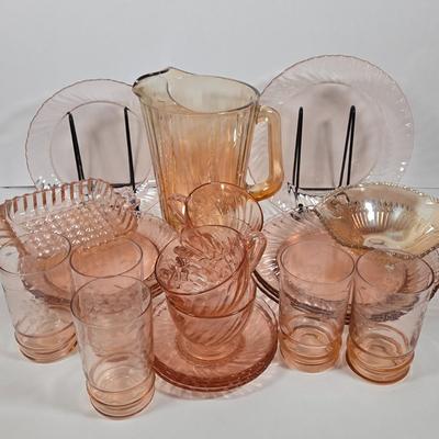 LOT 12D: Vintage Aroroc France Rosaline Swirl Dinner Ware ,Various Pieces of Carnival Glass, and More