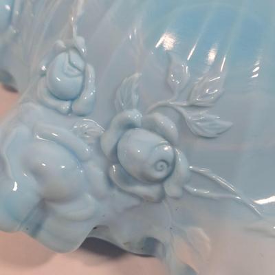 LOT 14D: Vintage Hobnail Milk Glass Planter, Pedestal Grape Leaf Candy Dish, Blue Marble Slag Cabbage Rose Crimped Bowl, and More
