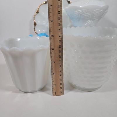 LOT 14D: Vintage Hobnail Milk Glass Planter, Pedestal Grape Leaf Candy Dish, Blue Marble Slag Cabbage Rose Crimped Bowl, and More