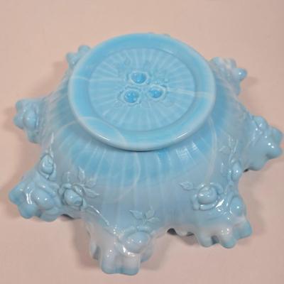 LOT 14D: Vintage Hobnail Milk Glass Planter, Pedestal Grape Leaf Candy Dish, Blue Marble Slag Cabbage Rose Crimped Bowl, and More