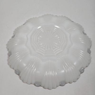 LOT 14D: Vintage Hobnail Milk Glass Planter, Pedestal Grape Leaf Candy Dish, Blue Marble Slag Cabbage Rose Crimped Bowl, and More
