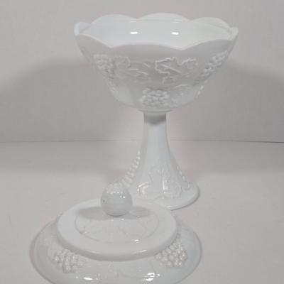 LOT 14D: Vintage Hobnail Milk Glass Planter, Pedestal Grape Leaf Candy Dish, Blue Marble Slag Cabbage Rose Crimped Bowl, and More