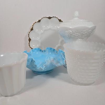 LOT 14D: Vintage Hobnail Milk Glass Planter, Pedestal Grape Leaf Candy Dish, Blue Marble Slag Cabbage Rose Crimped Bowl, and More