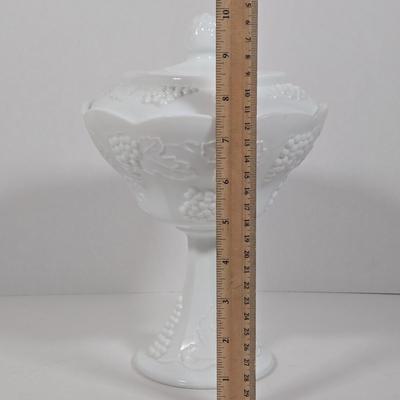 LOT 14D: Vintage Hobnail Milk Glass Planter, Pedestal Grape Leaf Candy Dish, Blue Marble Slag Cabbage Rose Crimped Bowl, and More