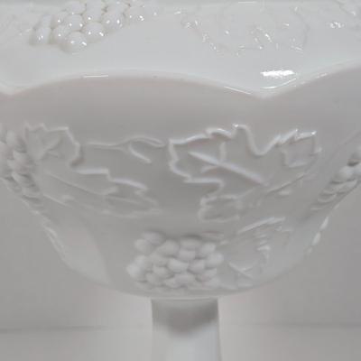 LOT 14D: Vintage Hobnail Milk Glass Planter, Pedestal Grape Leaf Candy Dish, Blue Marble Slag Cabbage Rose Crimped Bowl, and More