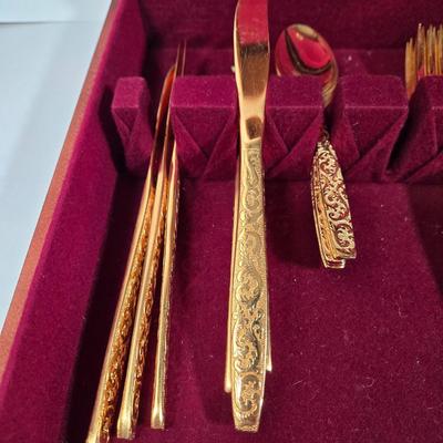 LOT 29D: Naken Gold Flatware Set in Wood Chest
