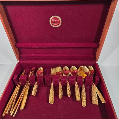 LOT 29D: Naken Gold Flatware Set in Wood Chest