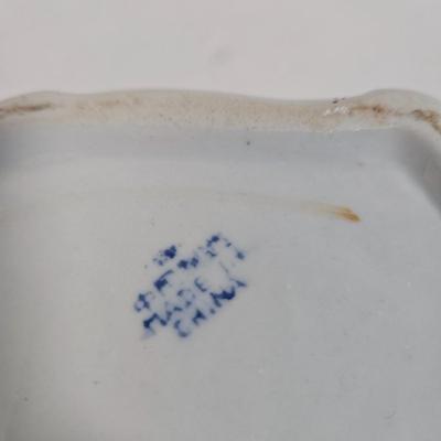 LOT 36D: Japan Blue Willow Divided Plate, Made in China Porcelain Trinket Box, and Wooden Wheeled Tray with Brass Inlay