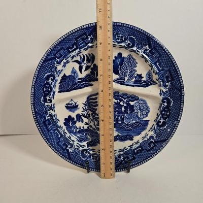 LOT 36D: Japan Blue Willow Divided Plate, Made in China Porcelain Trinket Box, and Wooden Wheeled Tray with Brass Inlay