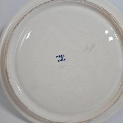 LOT 36D: Japan Blue Willow Divided Plate, Made in China Porcelain Trinket Box, and Wooden Wheeled Tray with Brass Inlay