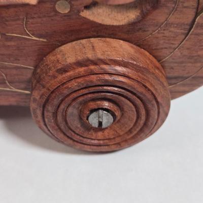 LOT 36D: Japan Blue Willow Divided Plate, Made in China Porcelain Trinket Box, and Wooden Wheeled Tray with Brass Inlay